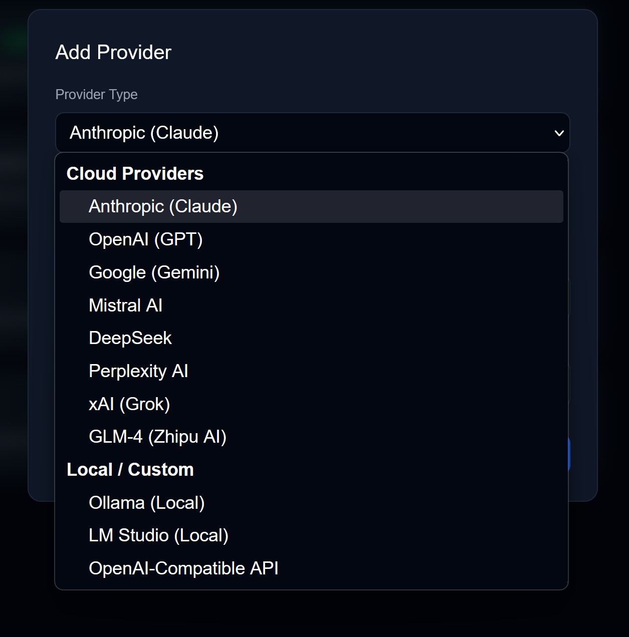 Provider dropdown